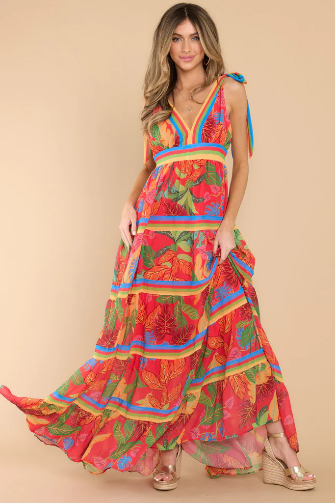 Flow Like Leaves Red Print Maxi Dress | Red Dress 