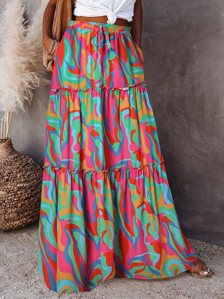 Boho Abstract Print Long Elastic Waist A Line Skirt With Pockets | SHEIN