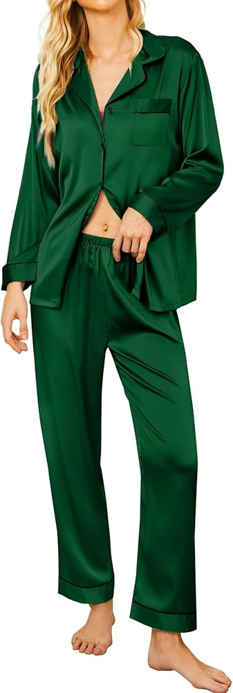 Ekouaer Silk Satin Pajamas Women's Long Sleeve Sleepwear Soft Button Down Pj Set 2 Piece Loungewe... | Amazon (US)