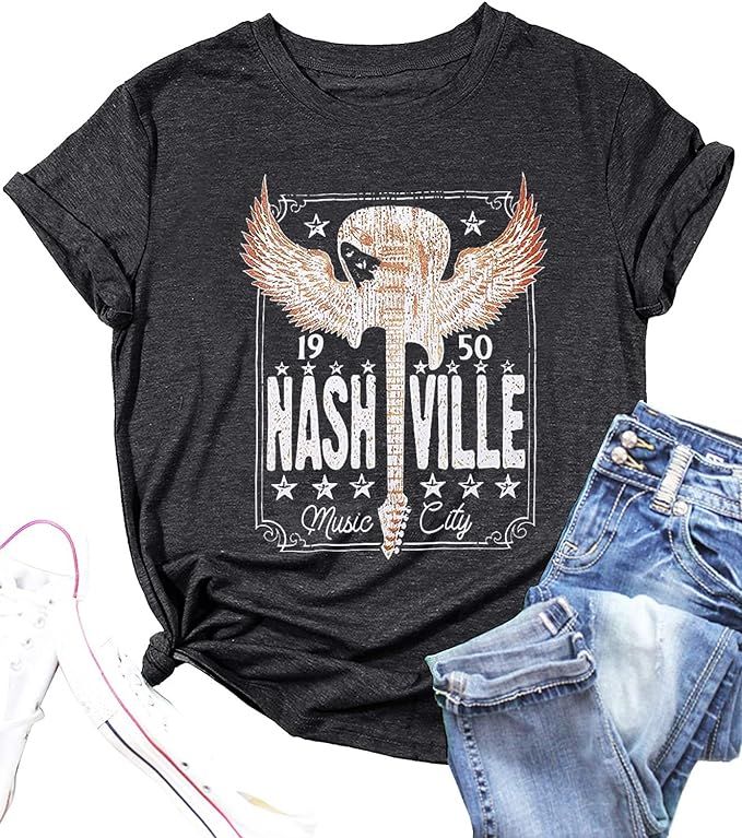 Retro Music City T-Shirt for Women Vintage Bleached Country Music Shirt Distressed Guitar Wings G... | Amazon (US)