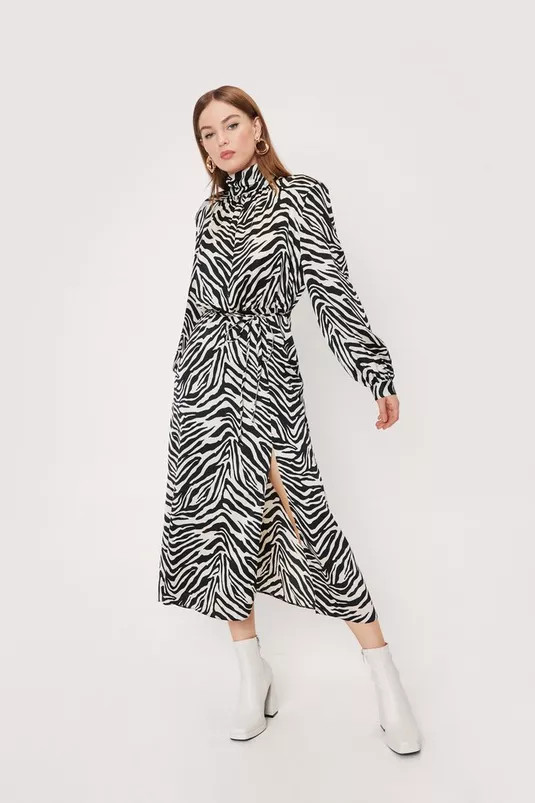 Zebra Print Satin High Neck Midi Dress | Nasty Gal (US)