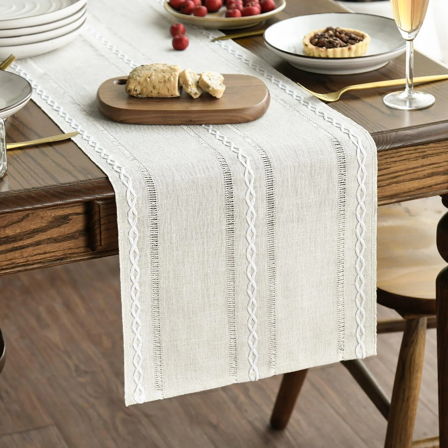 Anqtovp Beige Rustic Cotton Linen Table Runner Embroidered Hollow Design 13 x 72 Inch for Kitchen Dining Table Home Party Decor Durable Easy | Lowe's