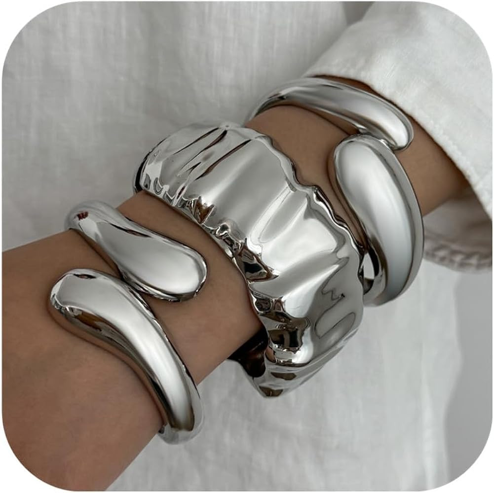 Chunky Gold Bangle Bracelets for Women Trendy Silver Irregular Statement Cuff Bracelets Stack Wid... | Amazon (US)