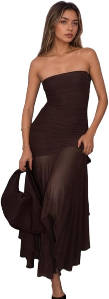 OCUH Vestido sexy con hombros descubiertos, vestido largo de malla transparente, dobladillo con v... | Amazon (US)