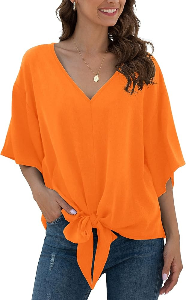 VIISHOW Womens Tie Front Chiffon Blouses V Neck Batwing Short Sleeve Summer Tops Shirts | Amazon (US)