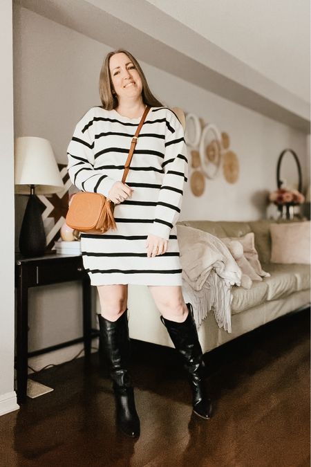Work outfit, office outfit, date night outfit
Sweater dress, western boots, brown bag, gold jewelry, hoop earrings

#LTKfindsunder100 #LTKstyletip #LTKover40
