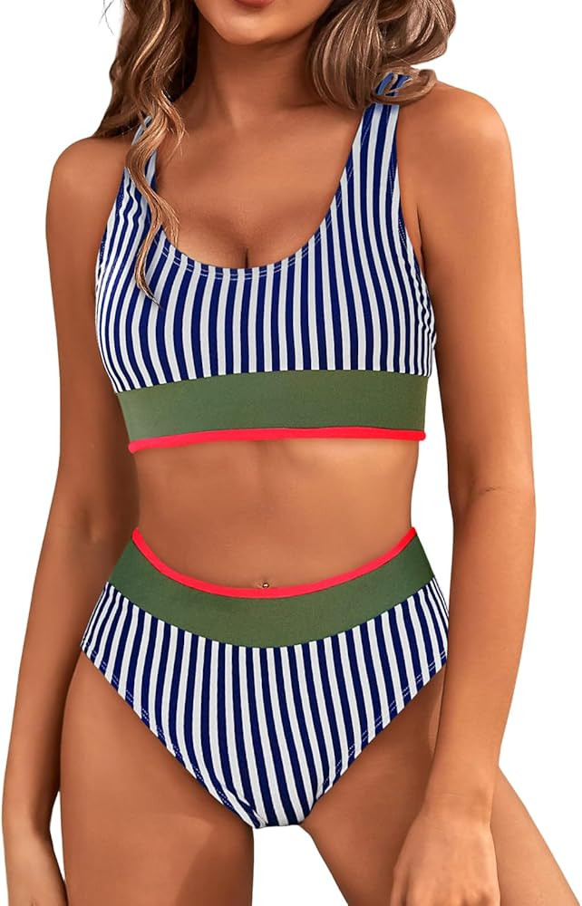 Fisoew Womens Bikini Sets Two Piece Swimsuit Color Block Sexy Tie Backless High Waisted Bathing S... | Amazon (US)