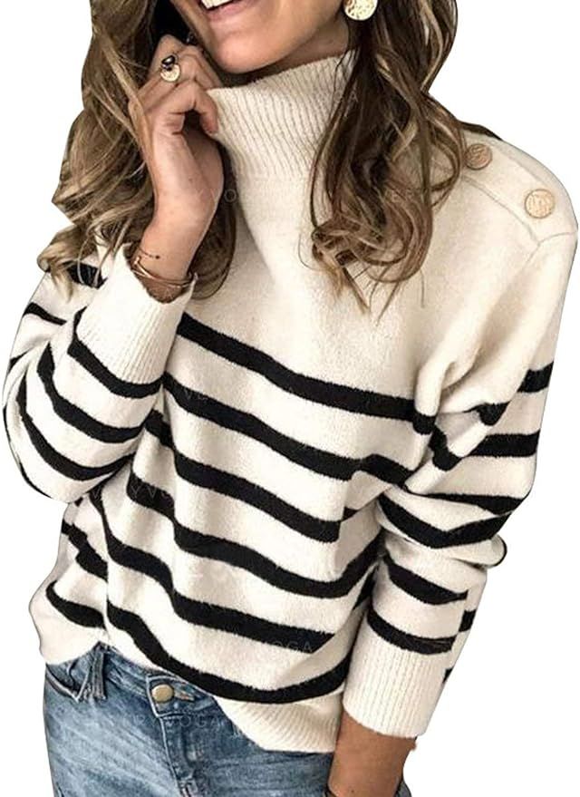ZKESS Women’s Fashion Casual Warm Turtleneck Neckline Long Sleeve Knit Sweater Deco with Mental... | Amazon (US)