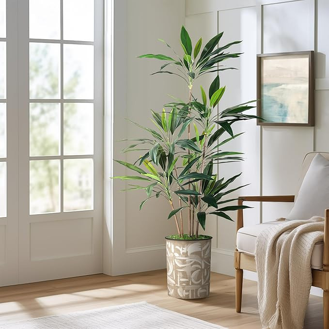 SIGNWIN Artificial Tree in Elegant Gray Geometric Pattern Planter, Fake Dracaena Tree Silk Tree f... | Amazon (US)