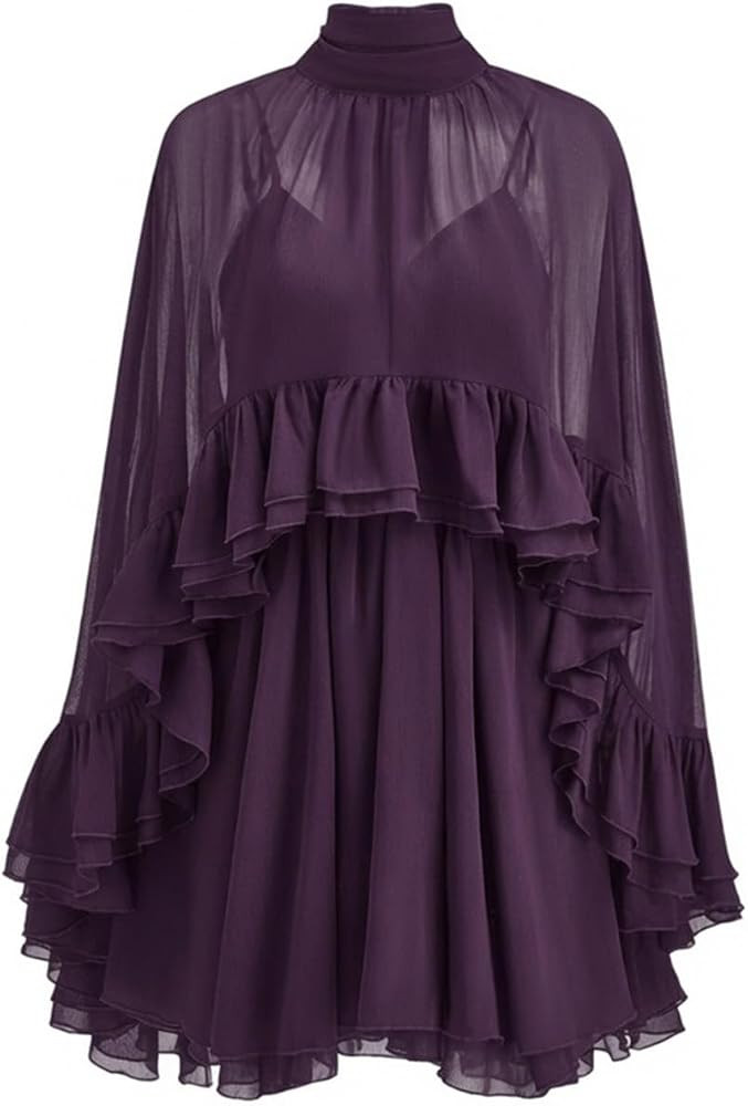 Women’s Semi Sheer Chiffon Ruffle Dress with Outer Cape, Poncho Sleeve Flowy Mini Dress, Loose Fit Elegant Summer Dress | Amazon (US)