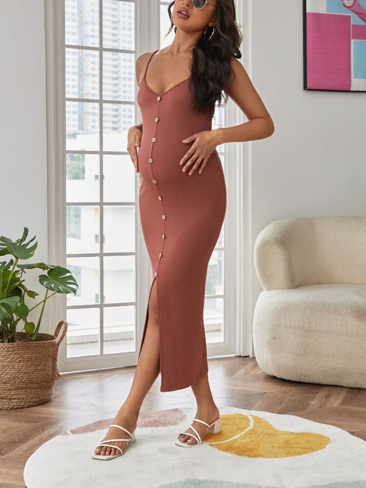 SHEIN Maternity Button Front Slit Thigh Rib-knit Cami Dress | SHEIN