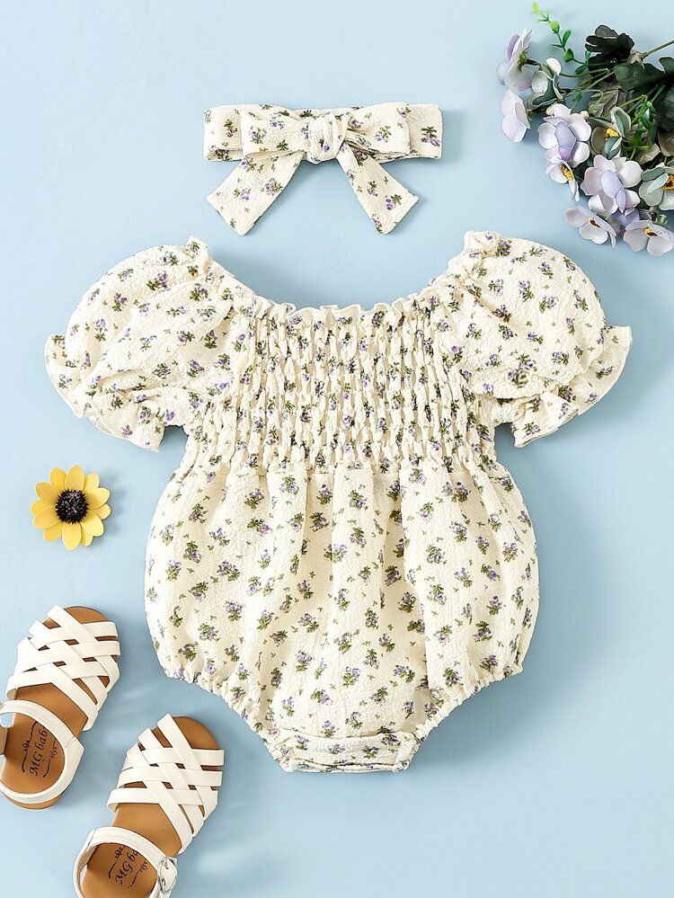 Baby Ditsy Floral Shirred Bodysuit With Headband | SHEIN