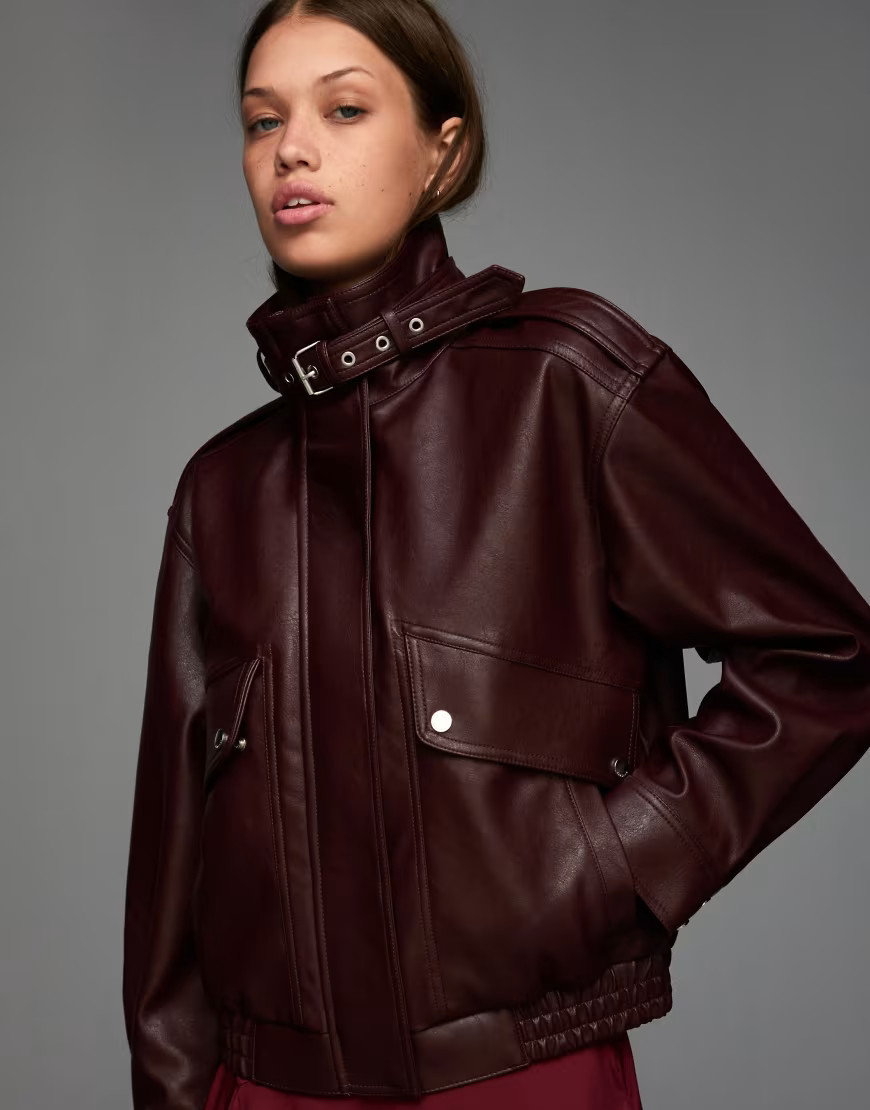 Bershka Faux leather jacket with pockets in burgundy-Red | ASOS (Global)