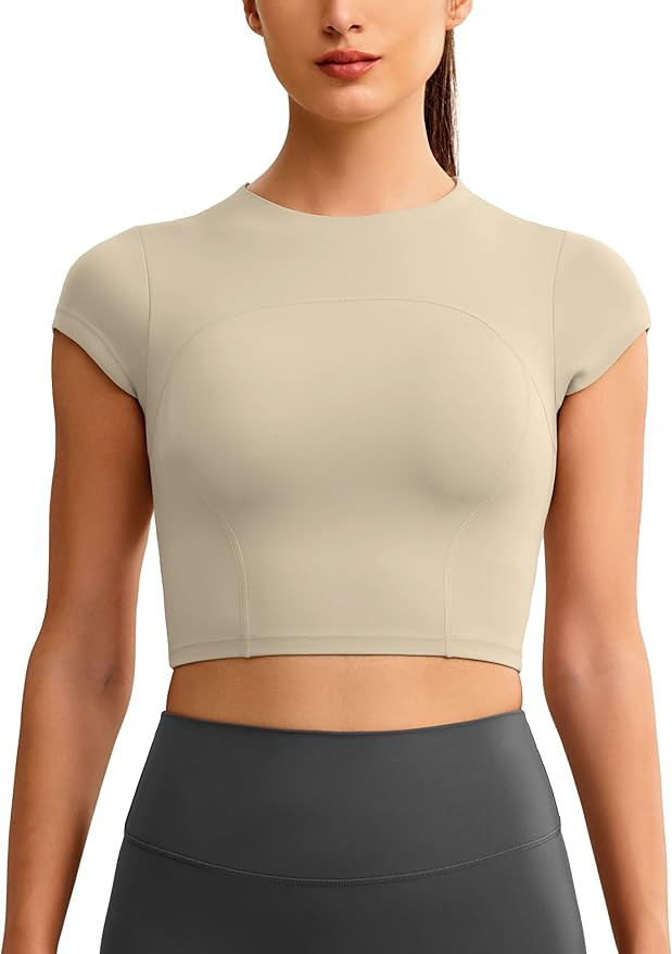Workout Crop Tops for Women Yoga Short Sleeve Mild Support Slim Fit Cropped Athletic Shirts Gym T... | Amazon (US)