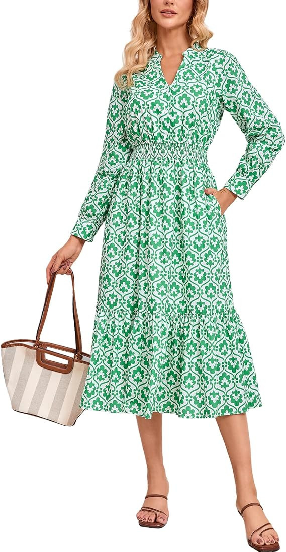 Women's Printed Tiered Cotton Midi Dress Long Sleeve V-Neck Smocked Waist A-Line Fall Dress | Amazon (US)