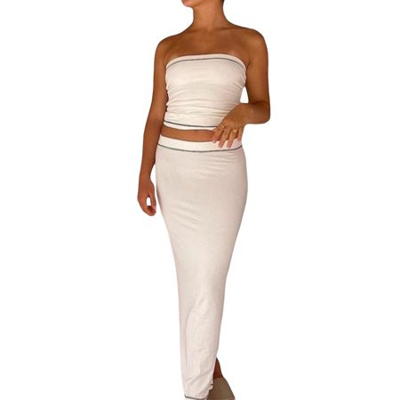 Wassery Women 2Pcs Skirt Set Strapless Backless Tube Top with Long Slit Skirt Summer Outfit for Club Party Dress | Walmart (US)