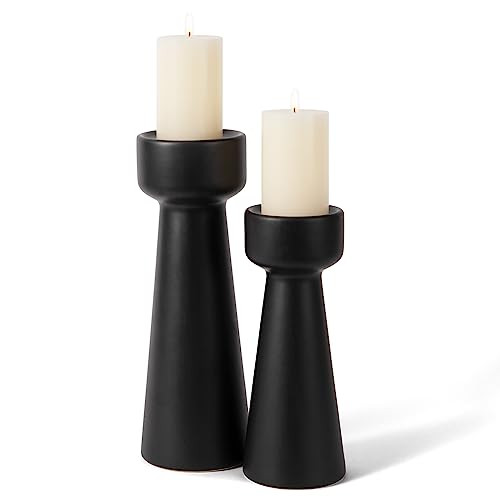 E-ROOM TREND Candle Holders Ceramic Black Taper S&L Set of 2 Matte Stylish Decorative Candlestick Holders for Home Decor Dinning Wedding Party Aromatherapy Votive (CH7585B) | Amazon (US)