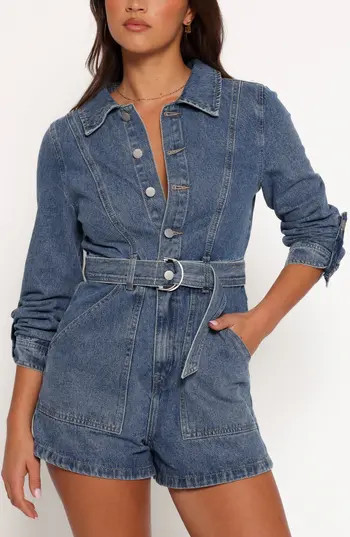 Petal & Pup Brady Belted Denim Long Sleeve Romper in Blue at Nordstrom Rack, Size 6 | Nordstrom Rack