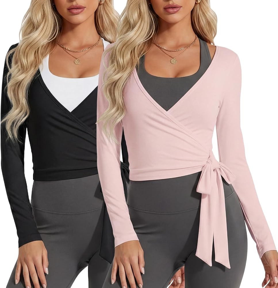 Coume 2 Pack Women\u2019s Ballet Pilates Wrap Top Long Sleeve Tie Front Shrug Yoga Shirt Y2k Work... | Amazon (US)
