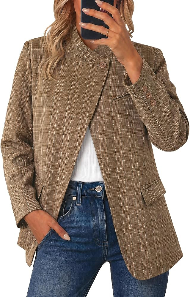 Cicy Bell Women Plaid Blazer Business Stand Collar Open Front Suit Jacket | Amazon (US)