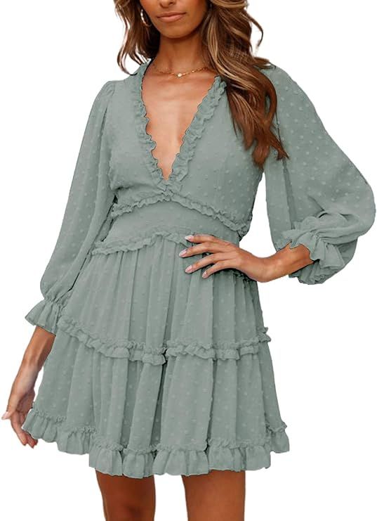 Happy Sailed Women Long Sleeve Ruffle Layer Backless Swing Mini Dresses | Amazon (US)