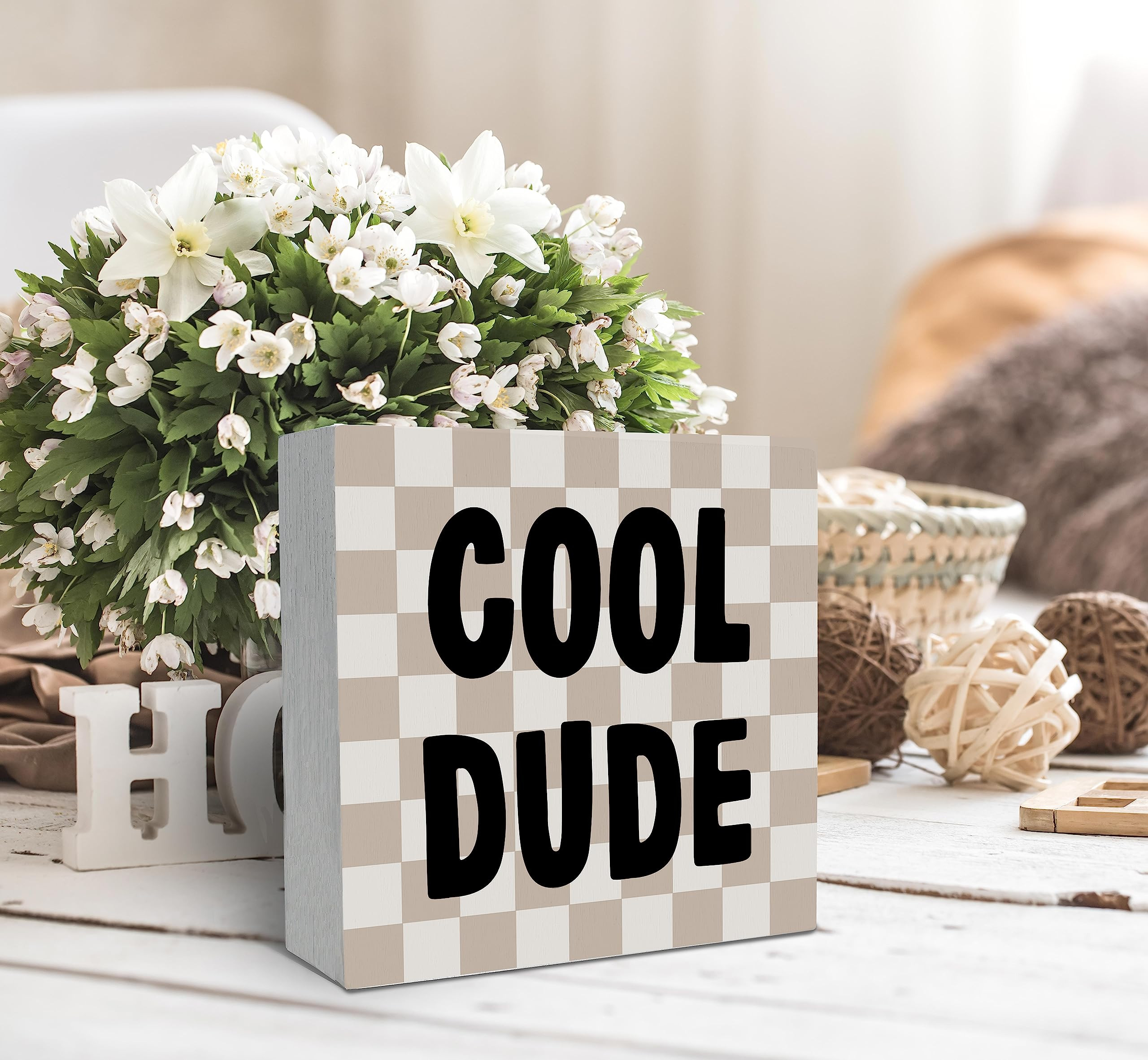 SRADMO Cool Dude Wood Box Sign Desk Decor,Boho Beige Preppy Wooden Block Box Sign Decoration for ... | Amazon (US)