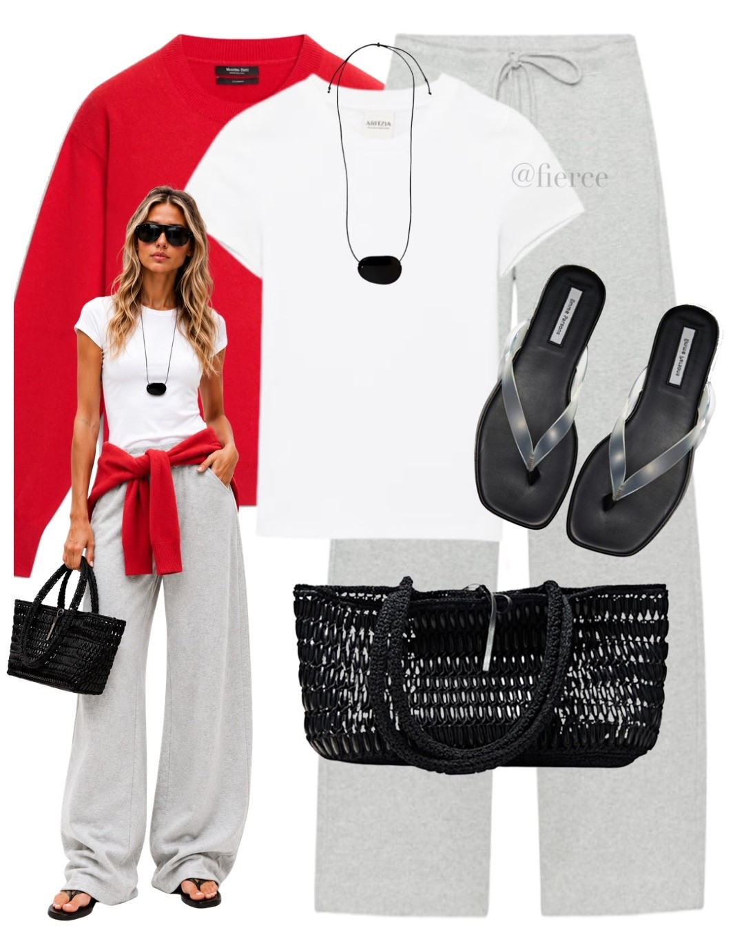 Grey track pants jelly sandals red jumper black  woven tote bag weekend outfit travel look

#LTKuk #LTKsummer #LTKeurope