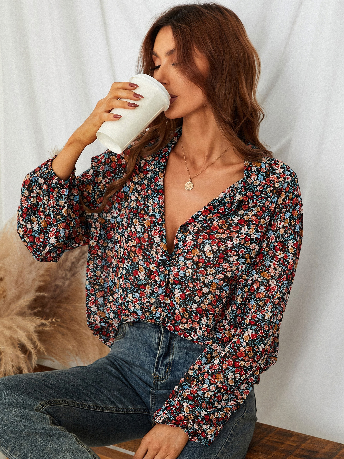 SHEIN Frenchy Ditsy Floral Lantern Sleeve Shirt | SHEIN