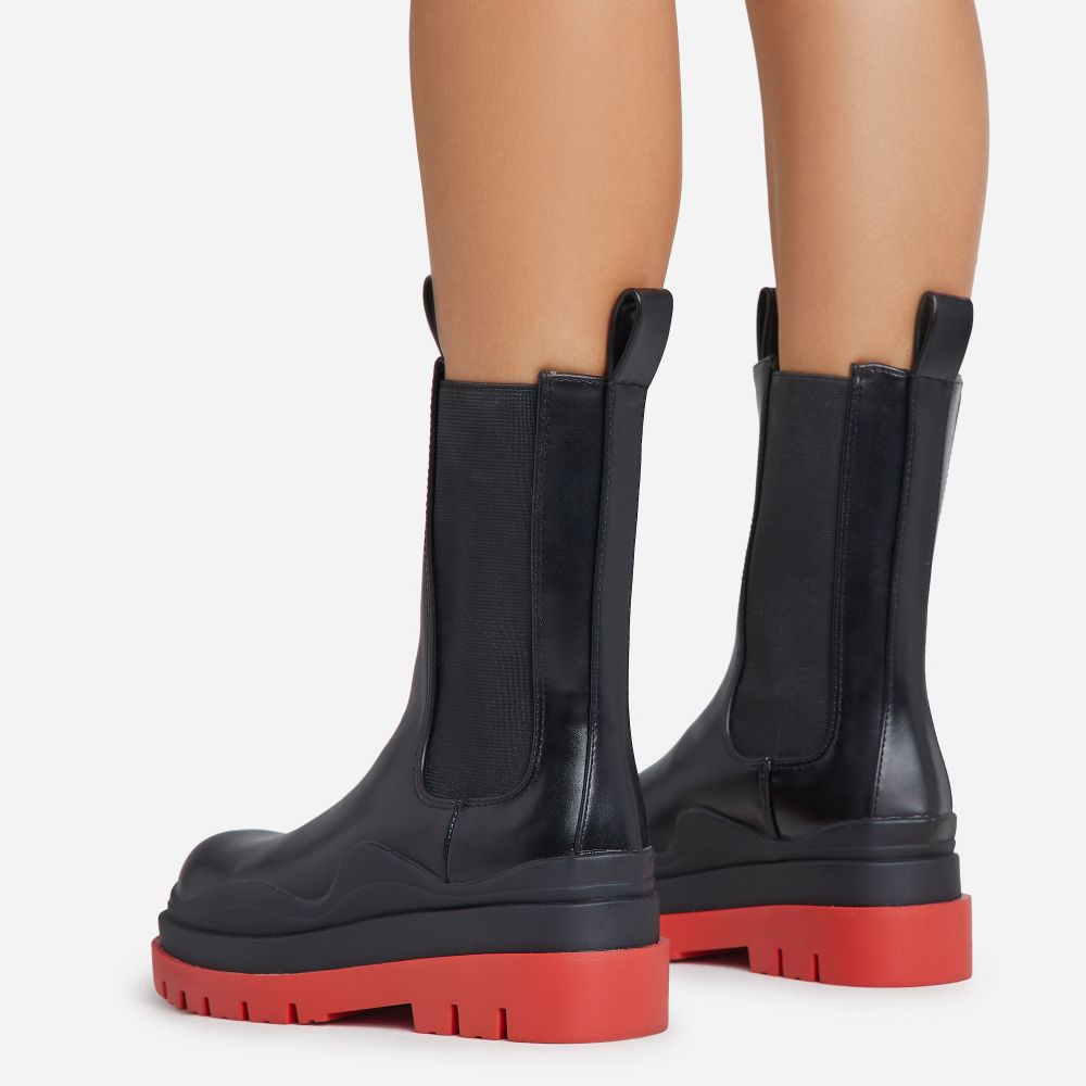 Energy Red Chunky Sole Ankle Chelsea Biker Boot In Black Faux Leather | EGO Shoes (US & Canada)