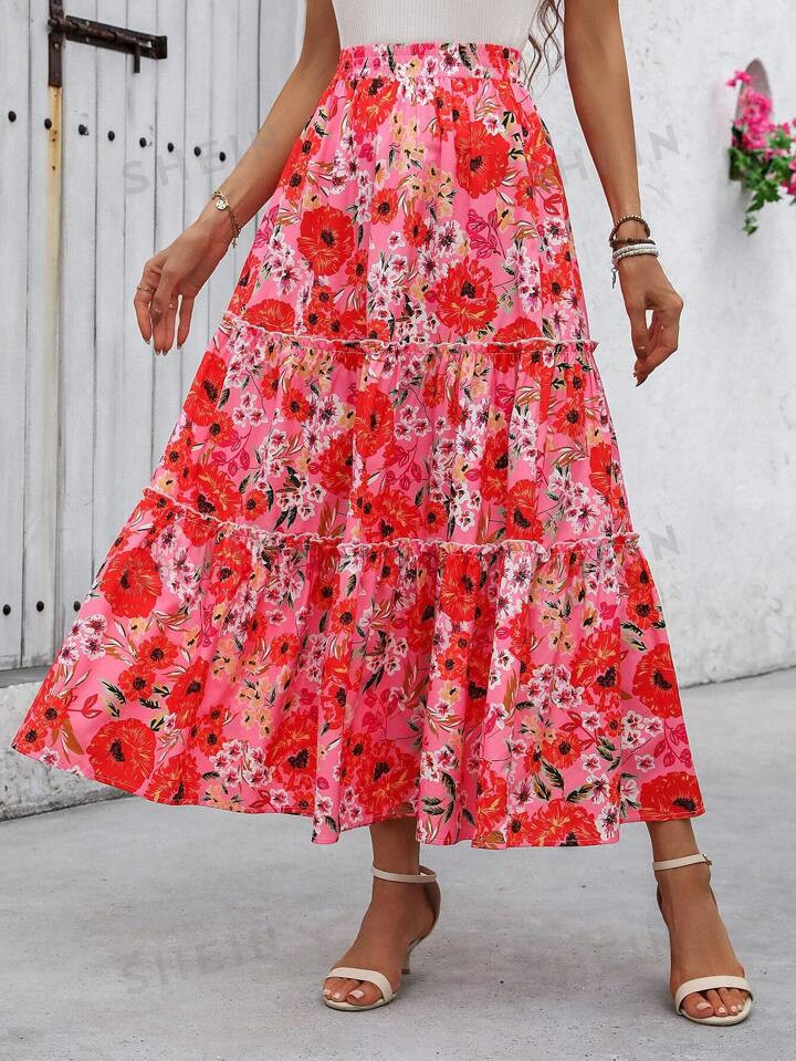 SHEIN LUNE Women Vacation Style Floral Printed Ruffle Hem Skirt, Casual | SHEIN