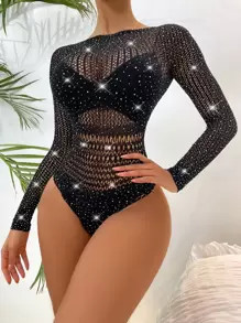 Rhinestone Studded Fishnet Teddy Bodysuit Without Lingerie | SHEIN