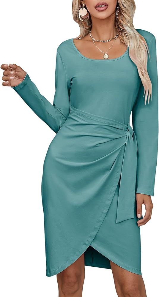 Caracilia Women's Casual Long Sleeve Dress 2021 Bodycon Ruched Tie Waist Mini Dresses | Amazon (US)