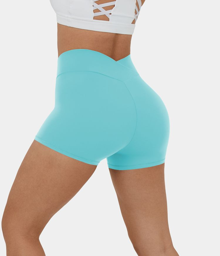 Softlyzero™ High Waisted Crossover Plain Yoga Biker Shorts 3''-UPF50+ | HALARA