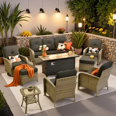7 - Piece Wicker Patio Conversation Set with Fire Pit Table, Cushions for Outdoor Relaxing | Wayfair North America