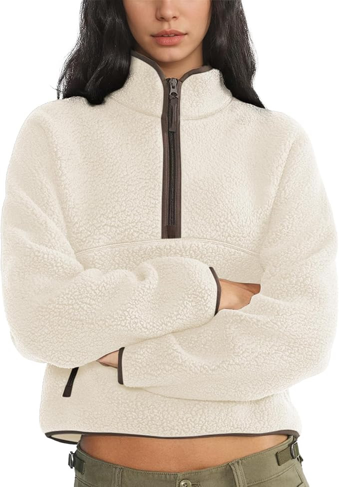 Womens Fleece Sweatshirts Cropped Half Zip Fuzzy Warm Sherpa Pullover Varsity Jackets with Zipper... | Amazon (US)