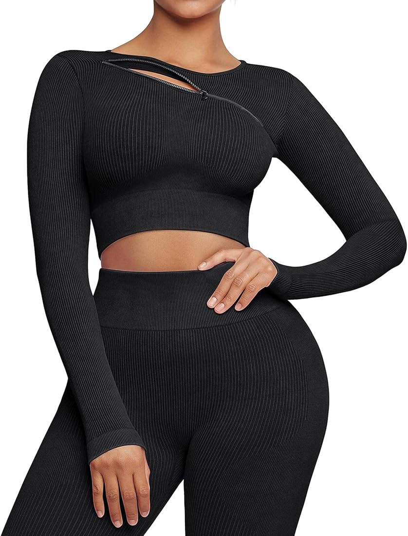FeelinGirl Workout Sets for Women 2 Piece Seamless Long Sleeve Crop Tops Seamless Ribbed Outfits ... | Amazon (US)