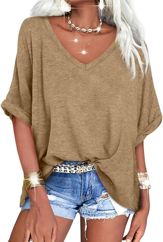 Langwyqu Women's Oversized T Shirts V Neck Short Sleeve Summer Casual Loose Tops Tees | Amazon (US)