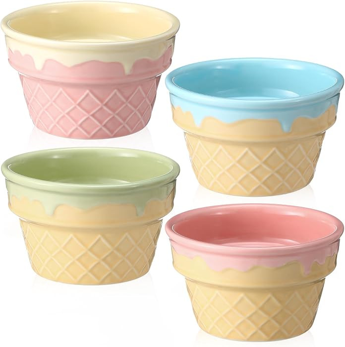 Honeydak 4 Pcs Ice Cream Ceramic Bowls 9 oz Porcelain Waffle Ice Cream Cups Cute Reusable Sundae ... | Amazon (US)