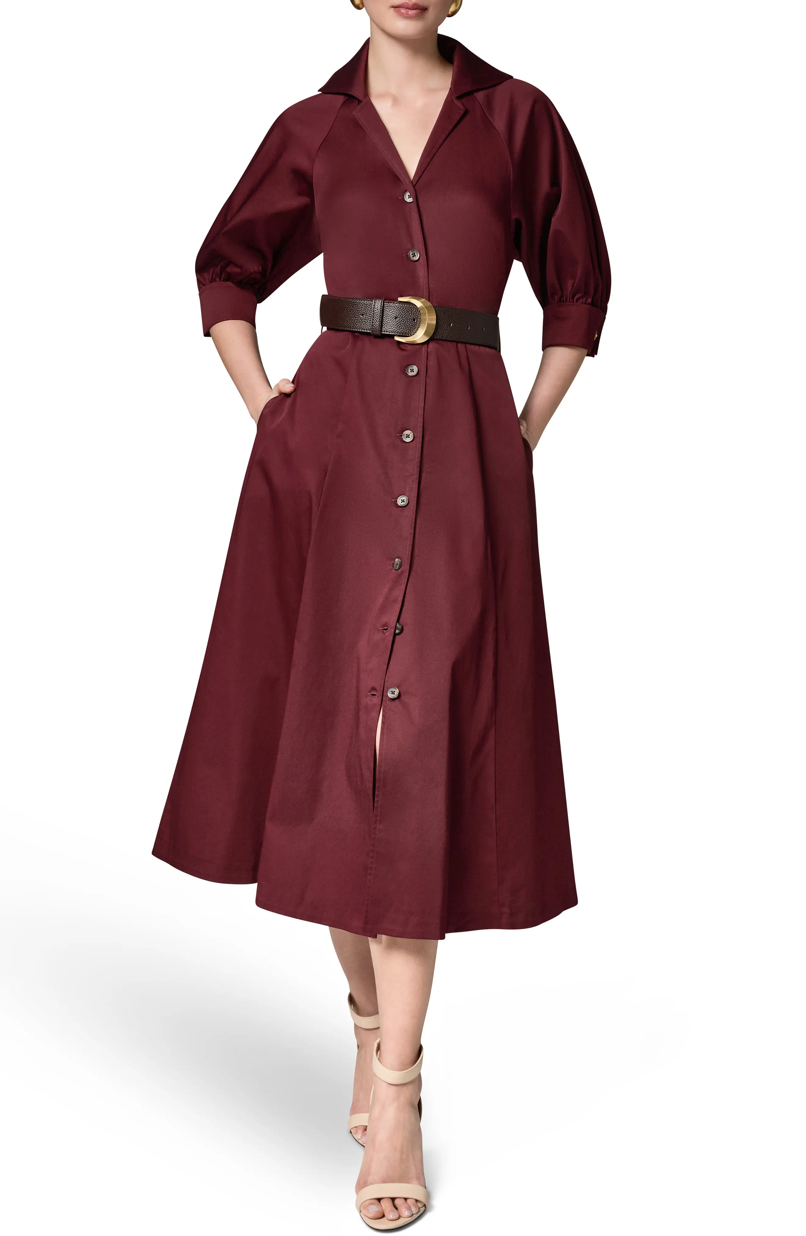 Donna Karan New York Belted Stretch Cotton Midi Shirtdress (Women) | Nordstrom | Nordstrom