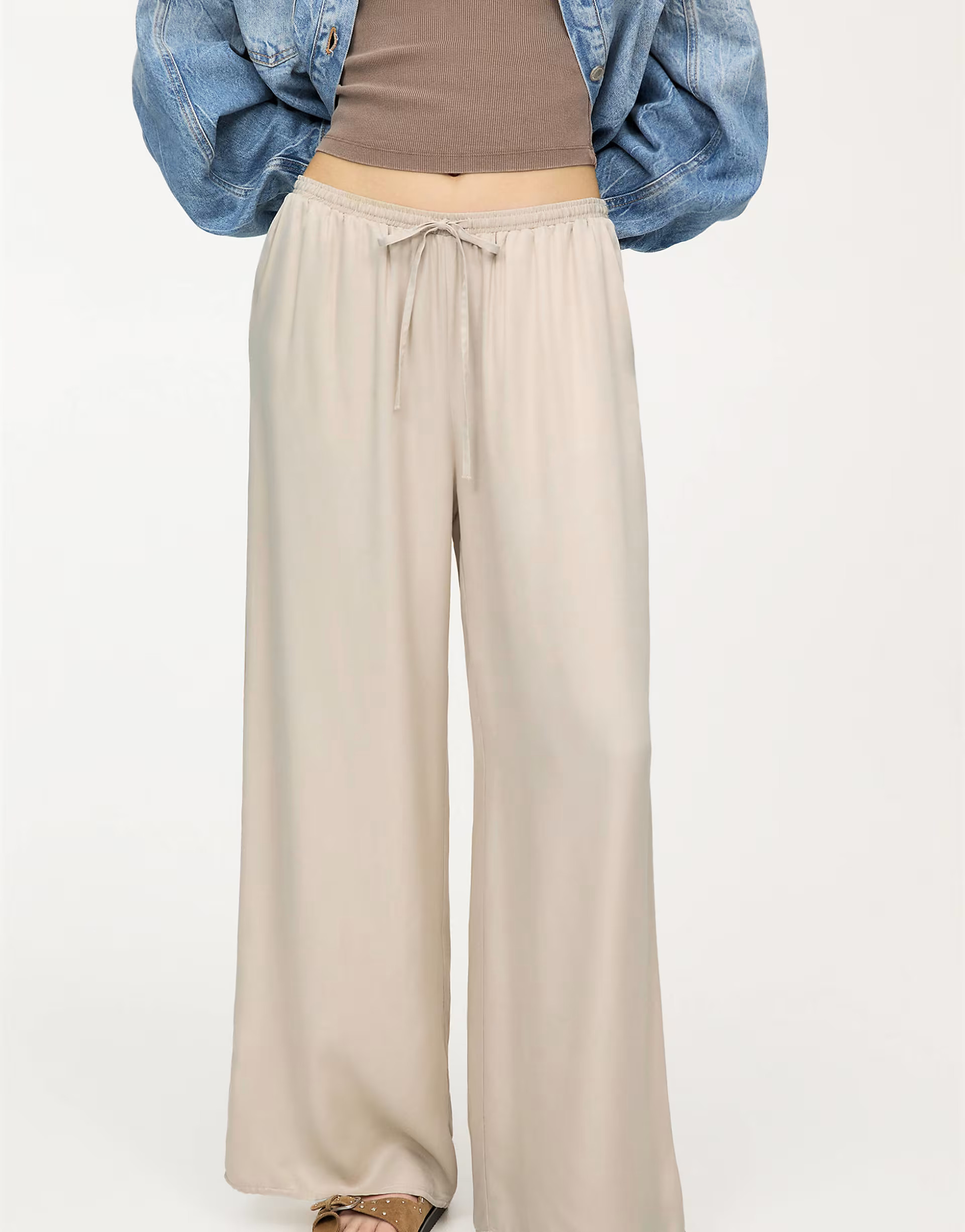 Pull&Bear wide leg satin joggers in beige | ASOS (Global)