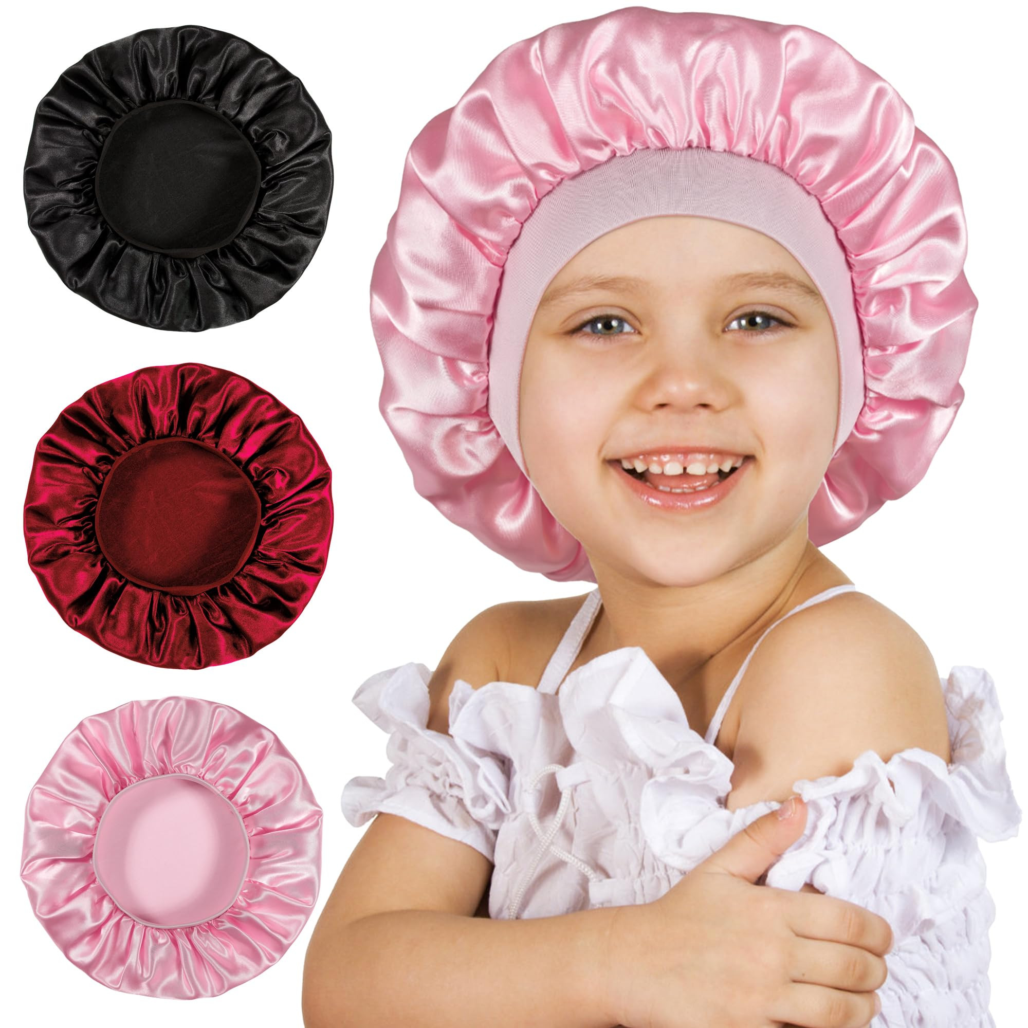 3 Pcs Bonnet for Kids, Kids Bonnets for Girls, Satin Silk Hair Bonnet for Sleeping, Soft Wide Ban... | Amazon (US)