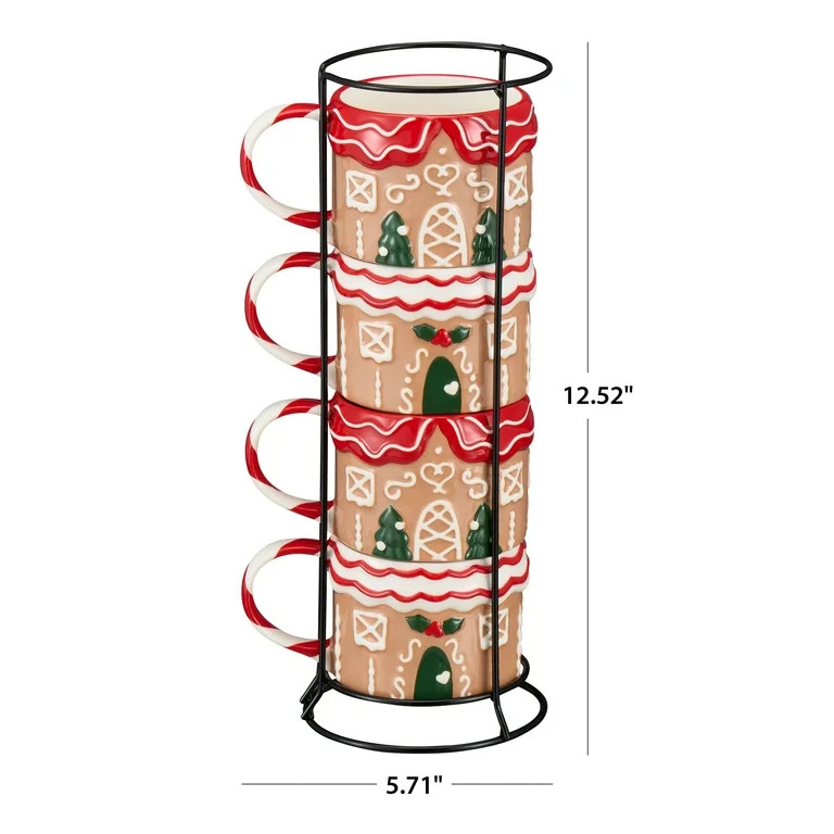 Holiday Time 12oz Gingerbread House Glazed Stoneware Ceramic Stacking Mug Set with Metal Rack - W... | Walmart (US)