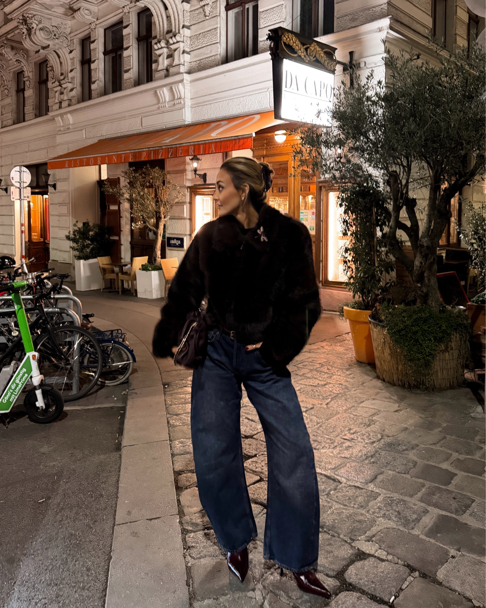 Last dinner in Vienna outfit! Same jeans I wore all day sightseeing because it’s comfy and chic, worked well with loafers and not with my boots! 
Size 36/4
Live the shoulder pads in this top and my faux fur jacket was the cherry on the cake! Size small on jacket