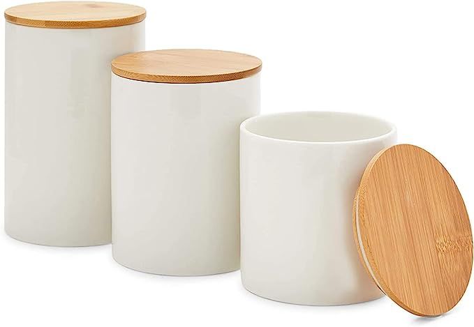 White Ceramic Kitchen Canisters with Bamboo Lids (3 Sizes, 3 Pack) | Amazon (US)