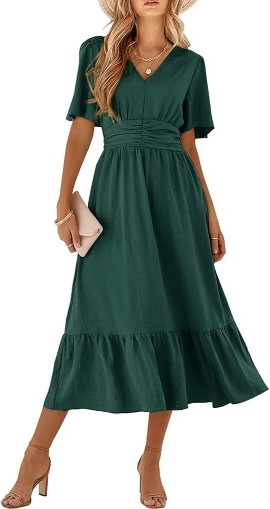 IFFEI Summer Maxi Dress V Neck Chiffon Ruffle Sleeve Swiss Dots A-Line Dress Stretchy High Waist ... | Amazon (US)