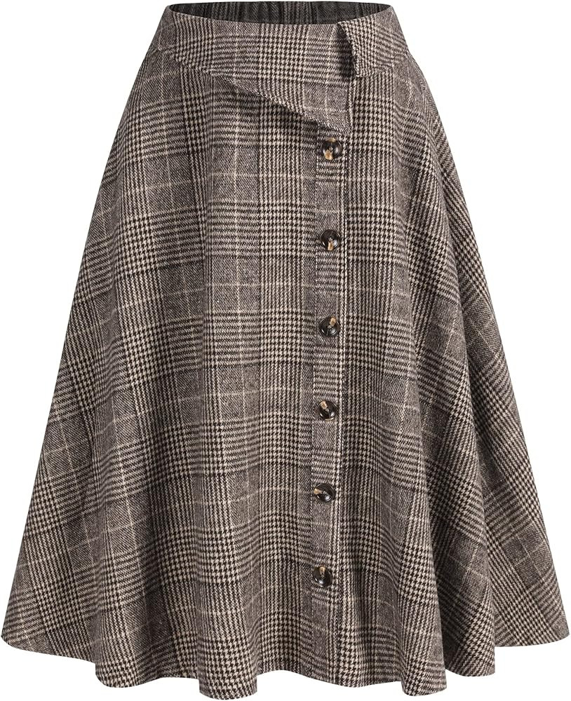 ZAFUL Women's Winter Wool Plaid A-Line Pleated Midi Skirt Elastic Waist Vintage Tartan Skirt with Po | Amazon (US)