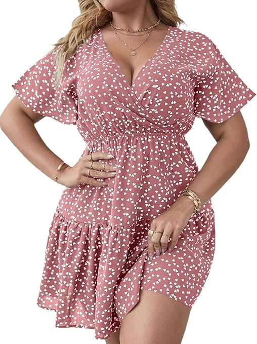 Floerns Women's Plus Size Wrap V Neck Short Sleeve Ruffle Hem A Line Short Dress | Amazon (US)