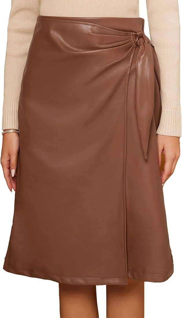 GRACE KARIN Women's Elegant PU Leather Elastic High Waist Wrap Slit Skirt for Work | Amazon (US)