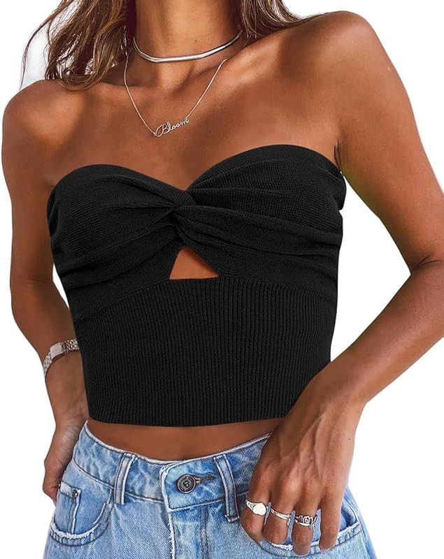 EFAN Womens Cut Out Twist Knot Front Tube Tops Bandeau Ribbed Knit Y2K Sexy Strapless Crop Tank B... | Amazon (US)