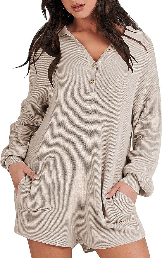 ANRABESS Women Sweater Rompers 2023 Fall Outfits Trendy Long SLeeve Henley V Neck Knit Lounge Jum... | Amazon (US)